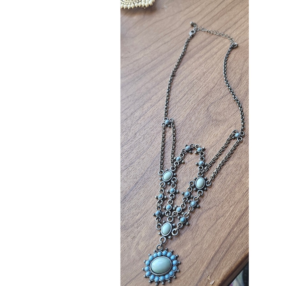 Vintage Inspired Bronze Tone Necklace with Blue Accent Beads Statement